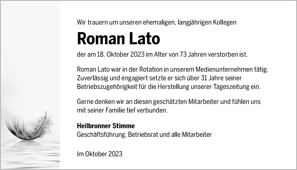  Traueranzeige für Roman Lato vom 24.10.2023 aus GESAMT