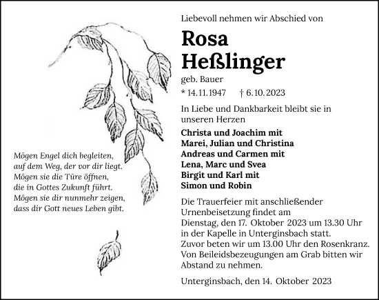 Traueranzeige von Rosa Heßlinger von GESAMT