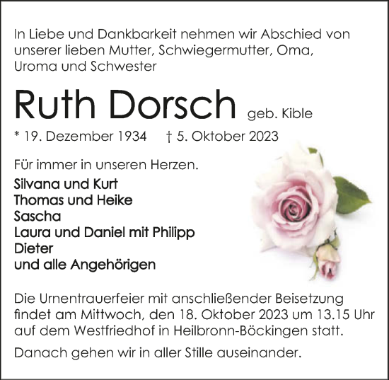 Traueranzeige von Ruth Dorsch