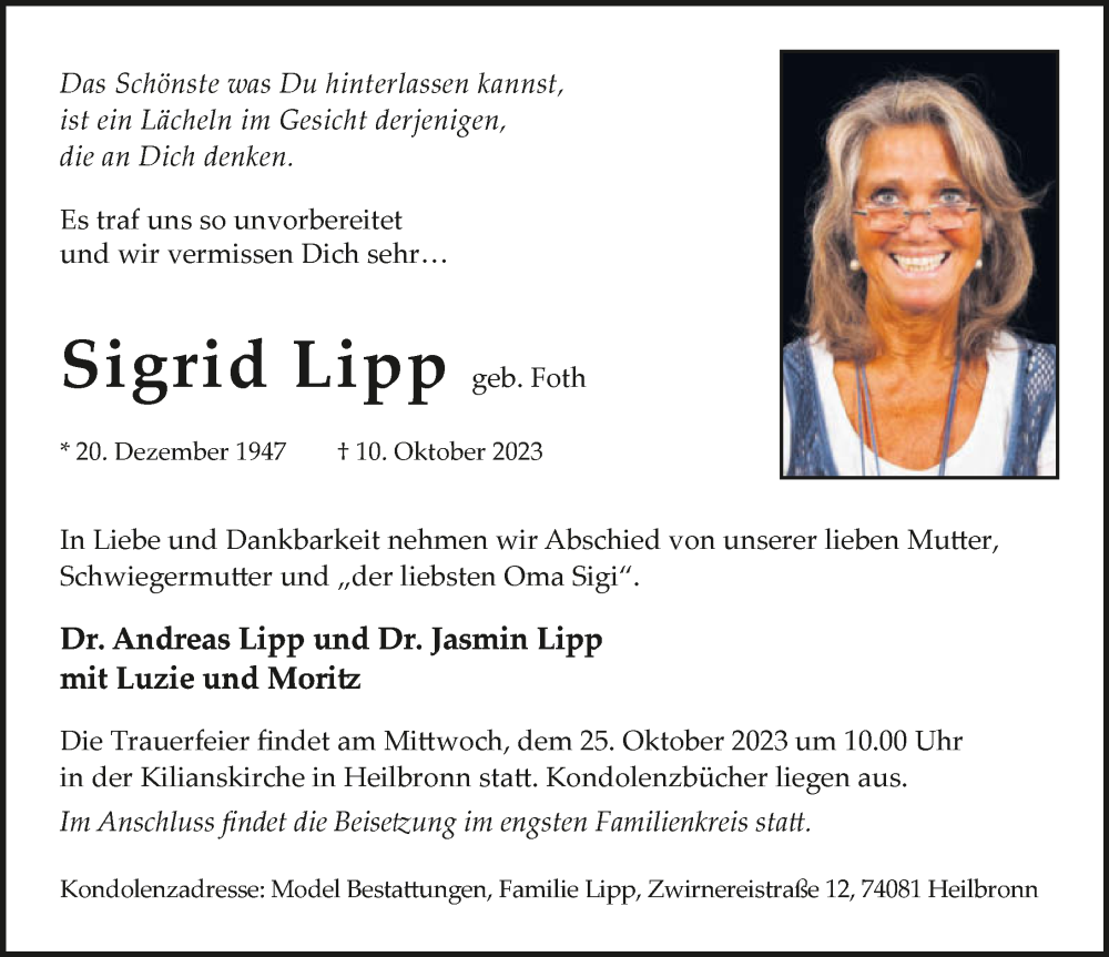  Traueranzeige für Sigrid Lipp vom 21.10.2023 aus GESAMT