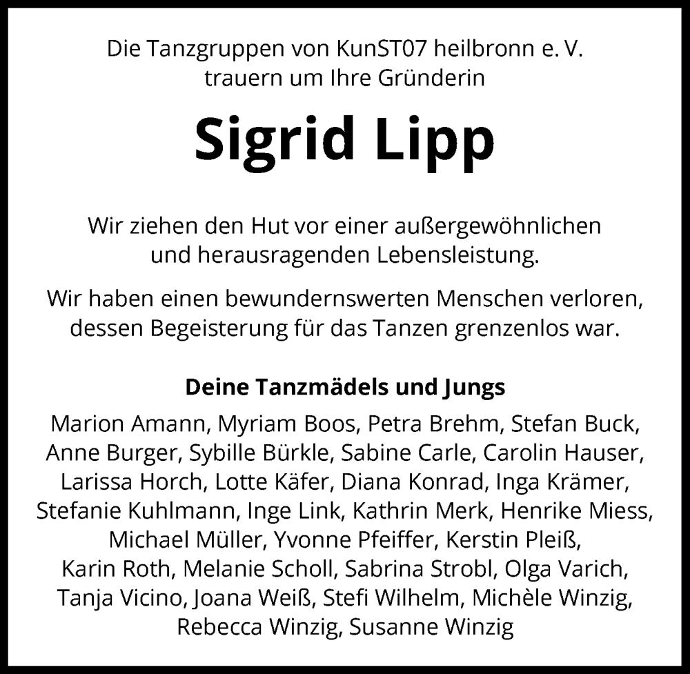  Traueranzeige für Sigrid Lipp vom 21.10.2023 aus GESAMT