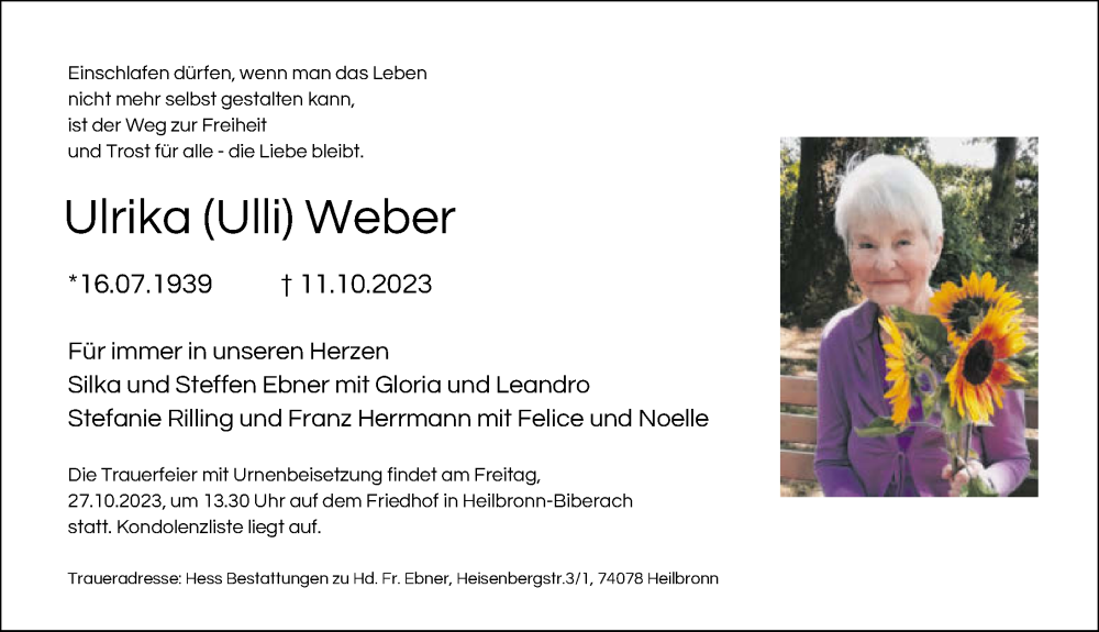  Traueranzeige für Ulrika Weber vom 21.10.2023 aus GESAMT