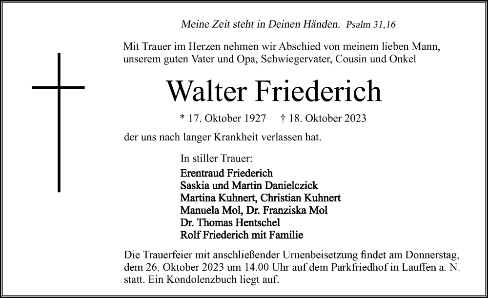  Traueranzeige für Walter Friederich vom 21.10.2023 aus GESAMT