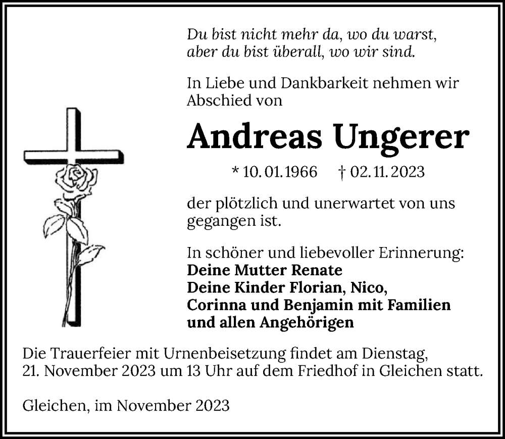  Traueranzeige für Andreas Ungerer vom 17.11.2023 aus GESAMT