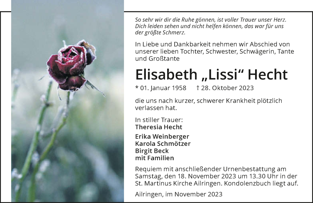  Traueranzeige für Elisabeth Hecht vom 15.11.2023 aus GESAMT