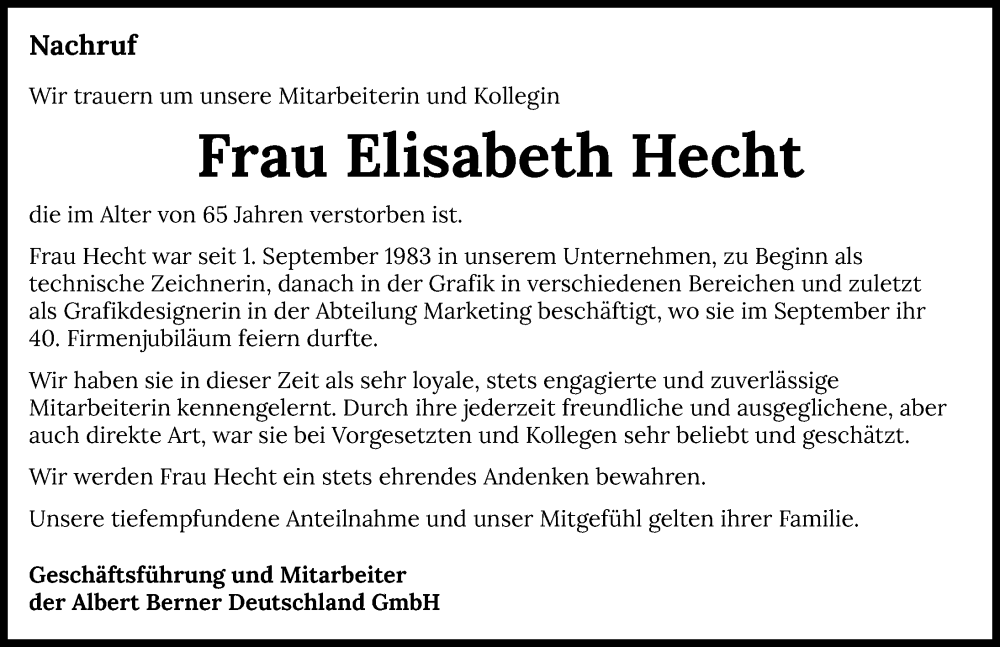  Traueranzeige für Elisabeth Hecht vom 15.11.2023 aus GESAMT