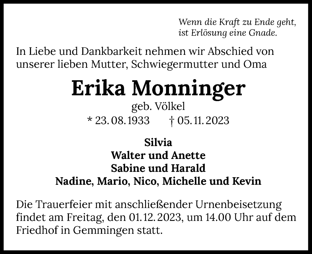  Traueranzeige für Erika Monninger vom 18.11.2023 aus GESAMT