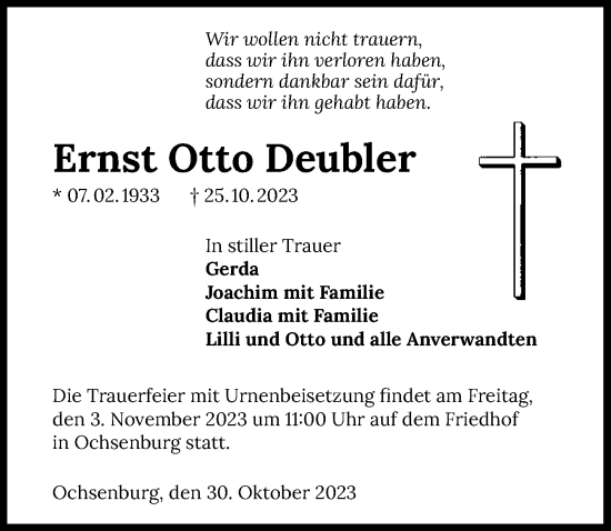 Traueranzeige von Ernst Otto Deubler von GESAMT