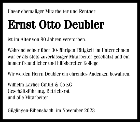 Traueranzeige von Ernst Otto Deubler von GESAMT