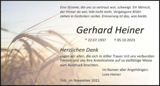 Traueranzeige von Gerhard Heiner von GESAMT