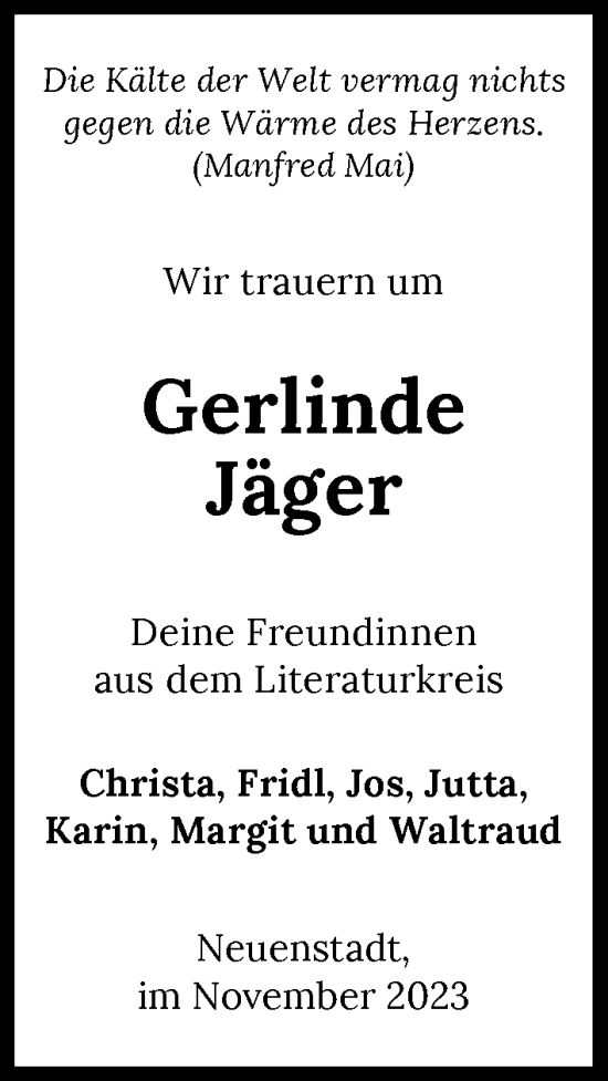 Traueranzeige von Gerlinde Jäger von GESAMT