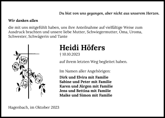 Traueranzeige von Heidi Höfers von GESAMT