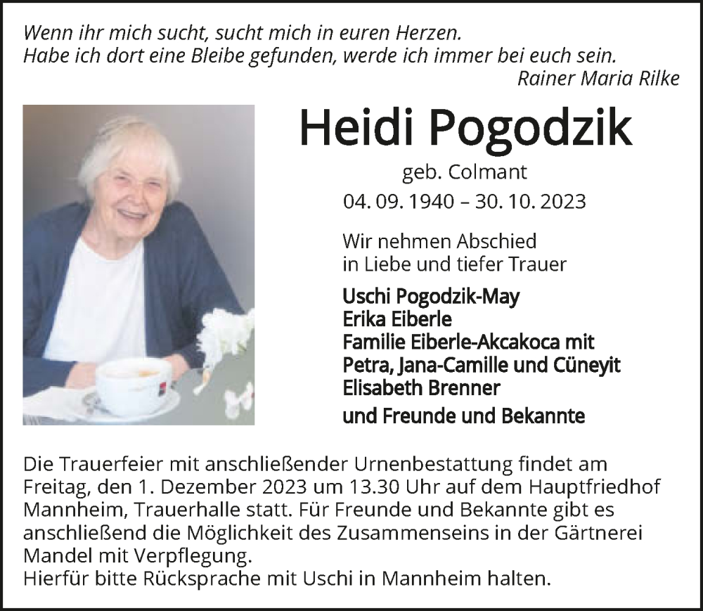  Traueranzeige für Heidi Pogodzik vom 18.11.2023 aus GESAMT