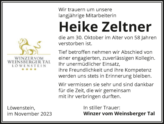 Traueranzeige von Heike Zeltner von GESAMT