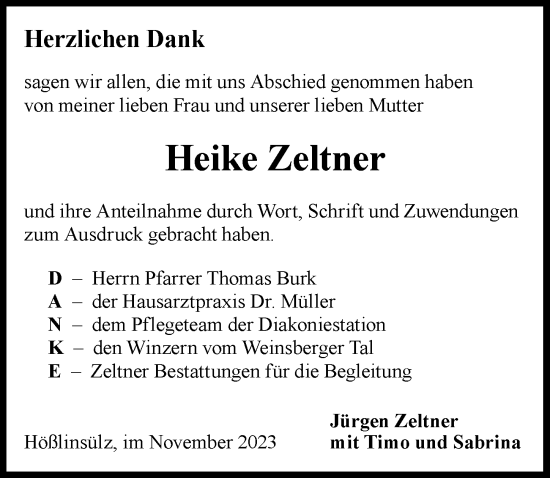 Traueranzeige von Heike Zeltner von GESAMT