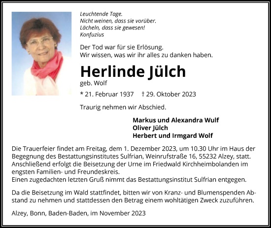 Traueranzeige von Herlinde Jülch von GESAMT