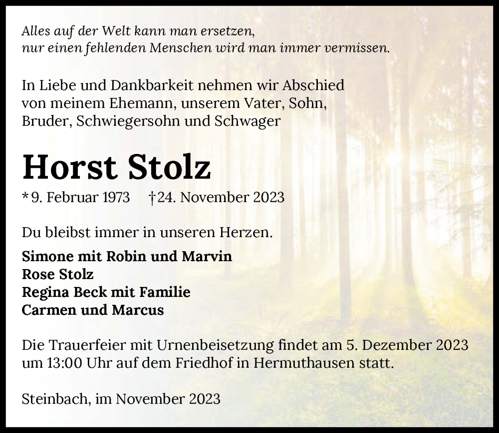  Traueranzeige für Horst Stolz vom 30.11.2023 aus GESAMT