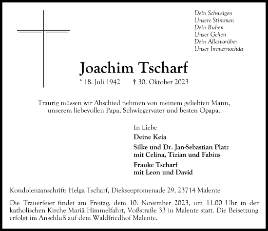 Traueranzeige von Joachim Tscharf von GESAMT