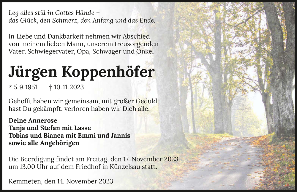  Traueranzeige für Jürgen Koppenhöfer vom 14.11.2023 aus GESAMT