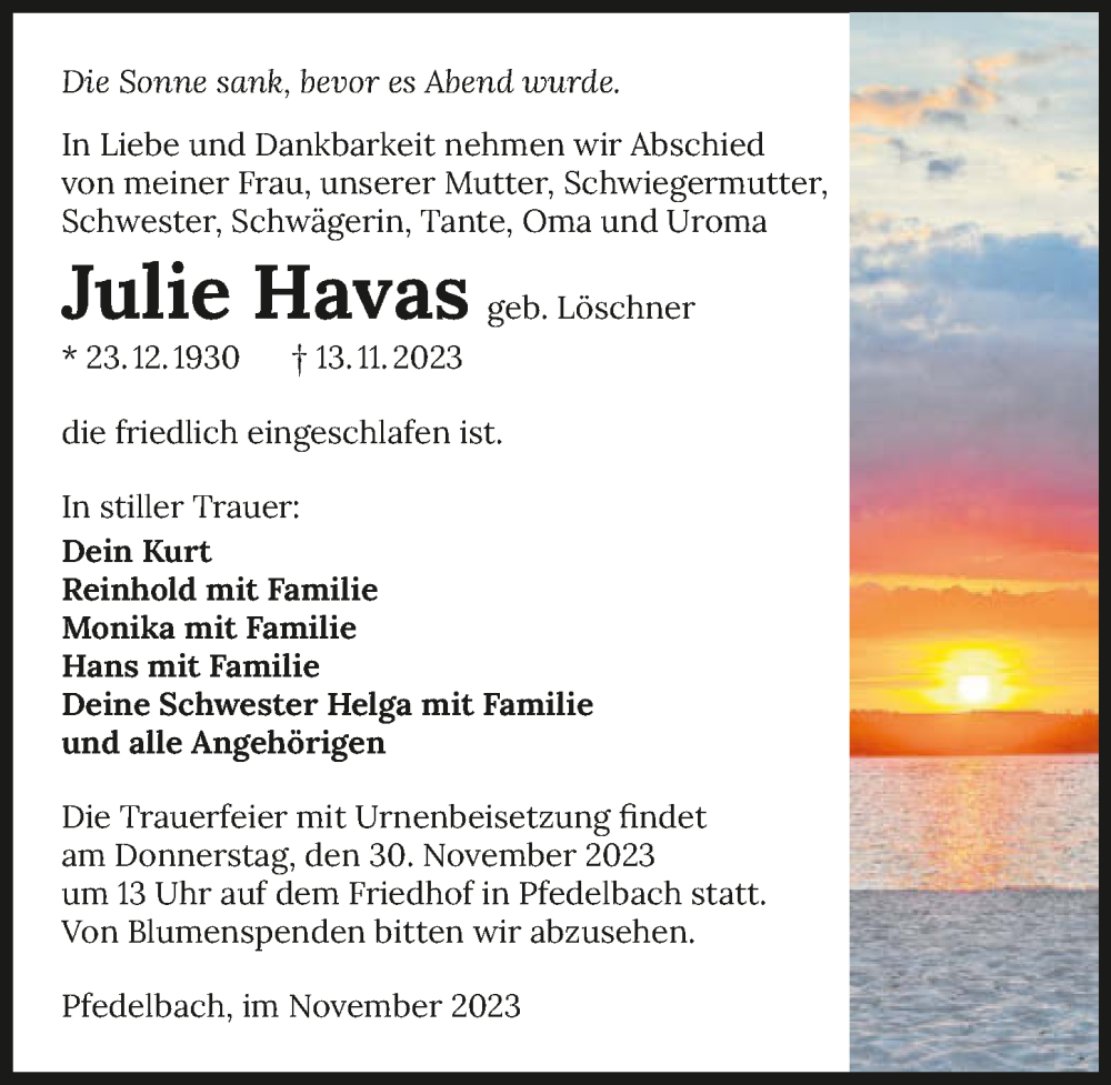  Traueranzeige für Julie Havas vom 27.11.2023 aus GESAMT