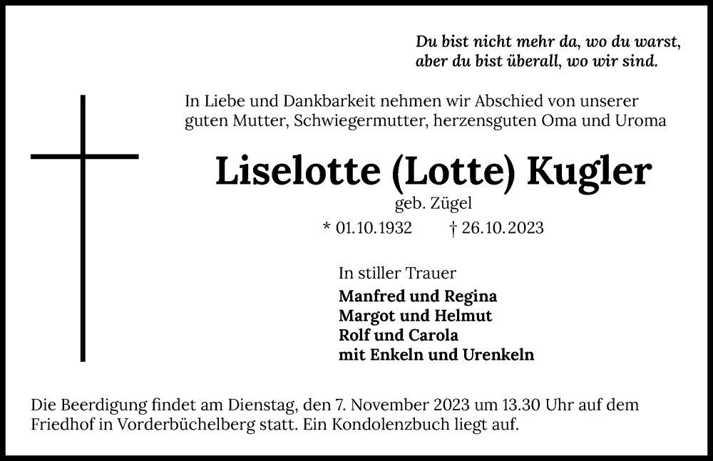  Traueranzeige für Liselotte Kugler vom 04.11.2023 aus GESAMT
