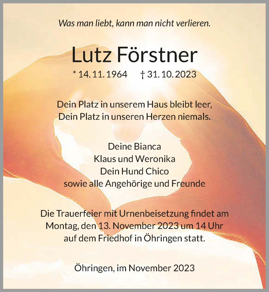  Traueranzeige für Lutz Förstner vom 08.11.2023 aus GESAMT