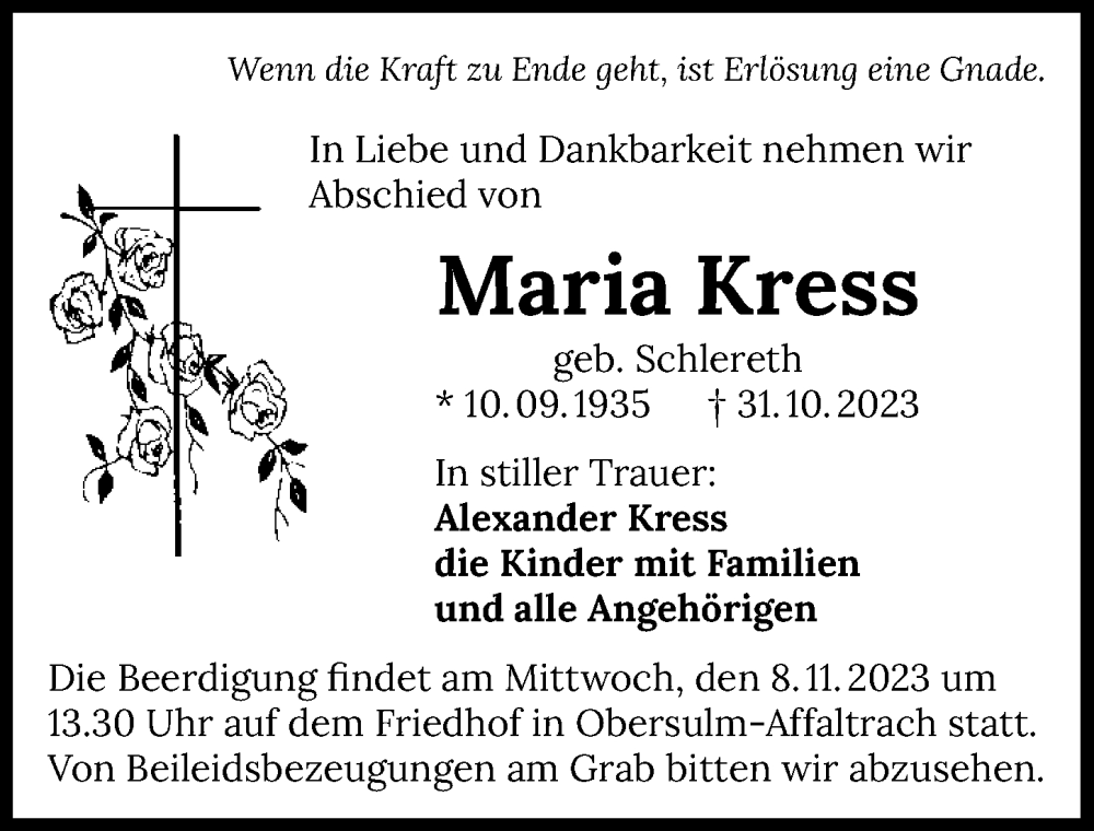  Traueranzeige für Maria Kress vom 04.11.2023 aus GESAMT