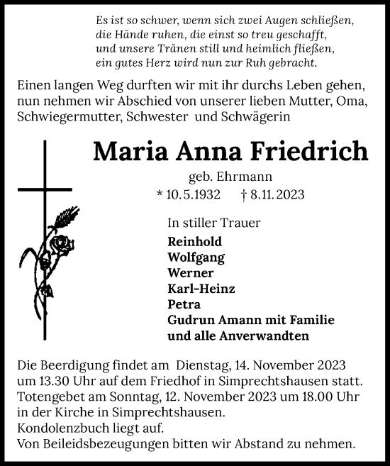 Traueranzeige von Maria Anna Friedrich von GESAMT