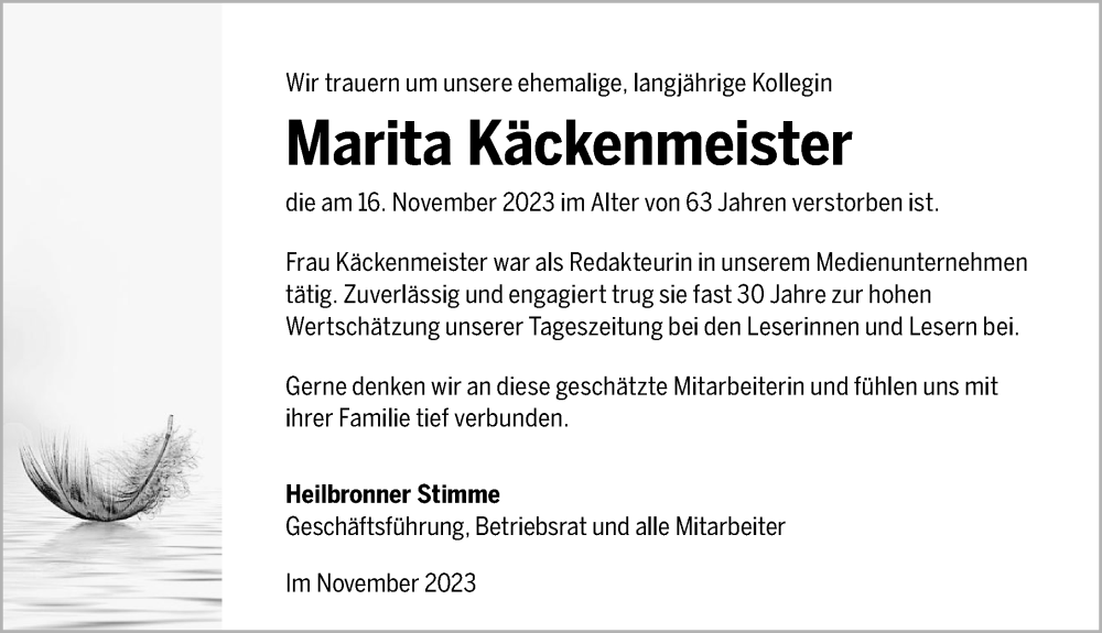  Traueranzeige für Marita Käckenmeister vom 22.11.2023 aus GESAMT