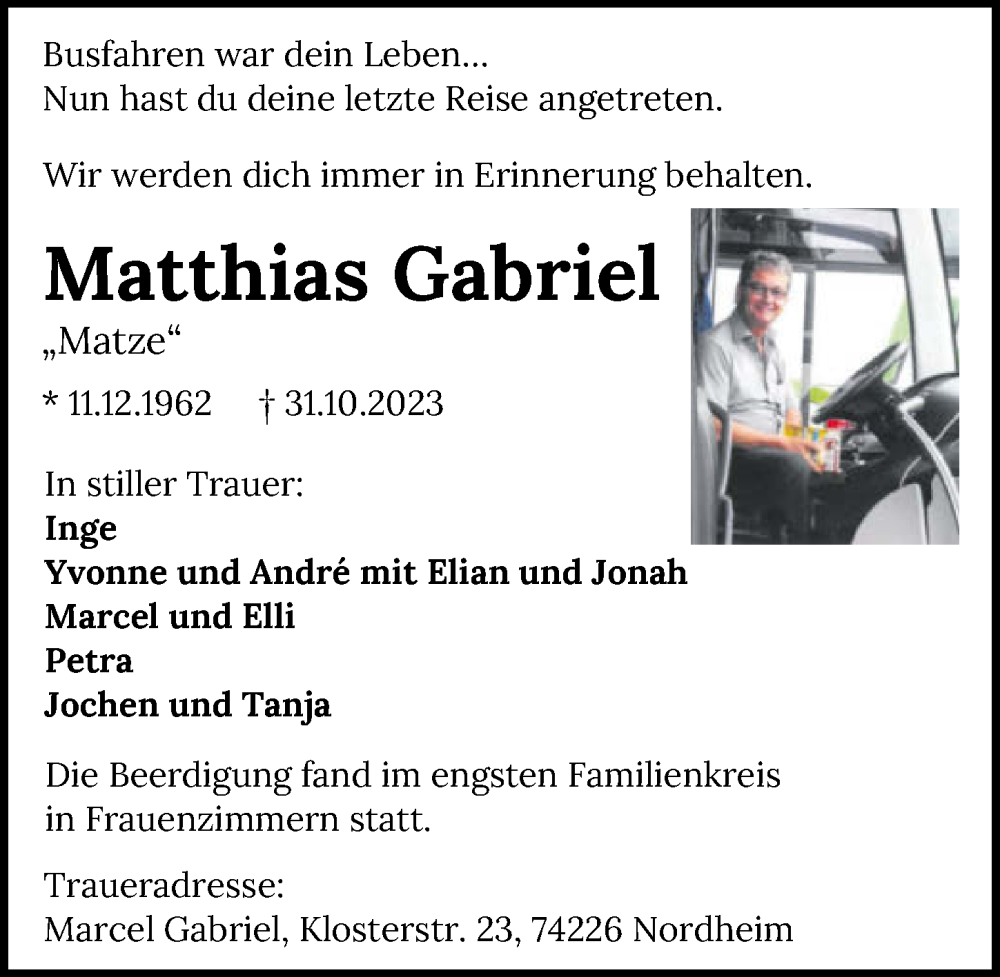 Traueranzeige für Matthias Gabriel vom 11.11.2023 aus GESAMT