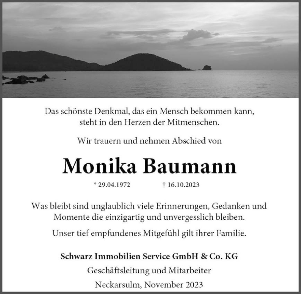  Traueranzeige für Monika Baumann vom 09.11.2023 aus GESAMT