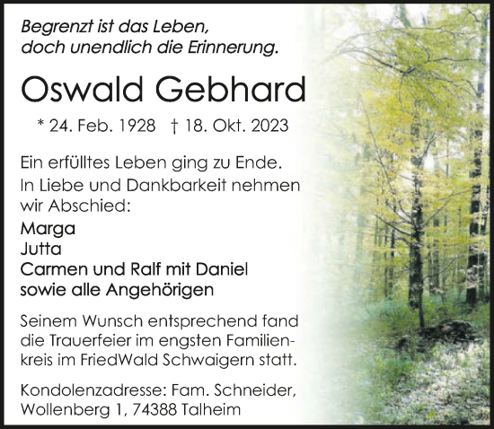 Traueranzeige von Oswald Gebhard