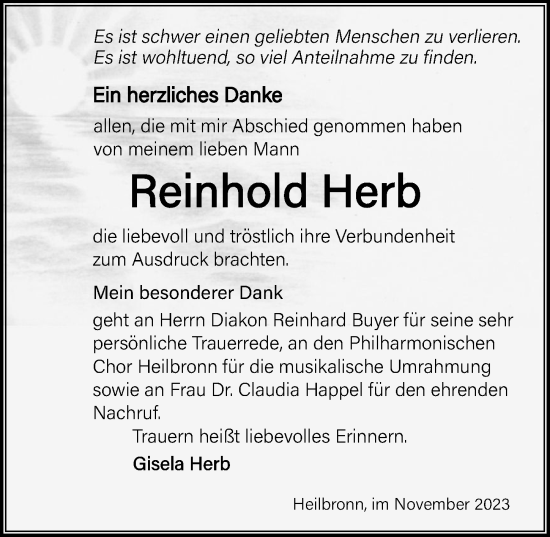 Traueranzeige von Reinhold Herb