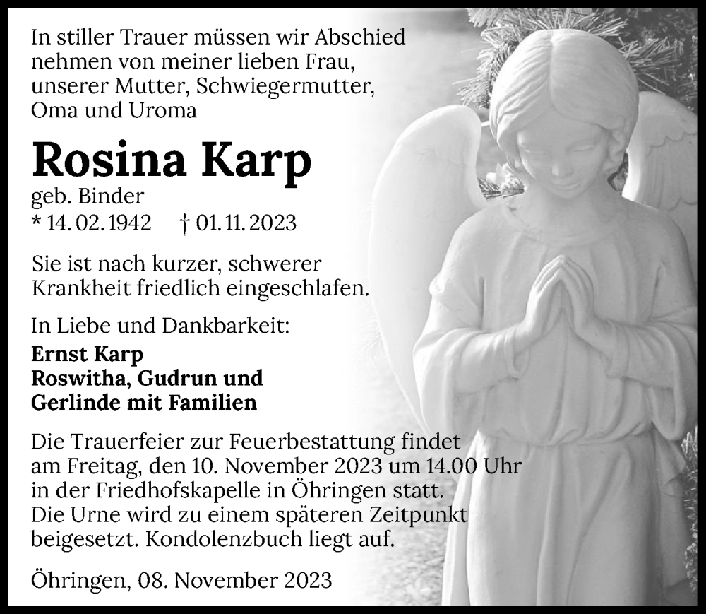  Traueranzeige für Rosina Karp vom 08.11.2023 aus GESAMT