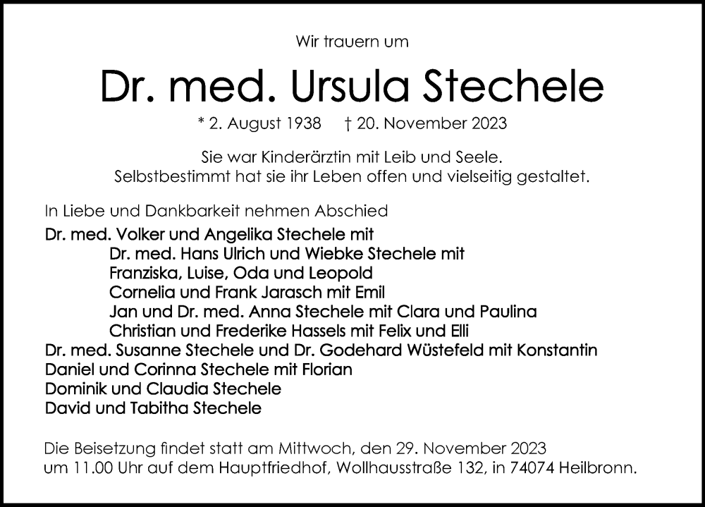  Traueranzeige für Ursula Stechele vom 25.11.2023 aus GESAMT