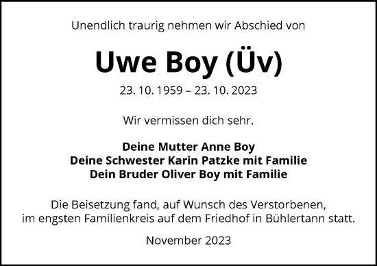 Traueranzeige von Uwe Boy von GESAMT