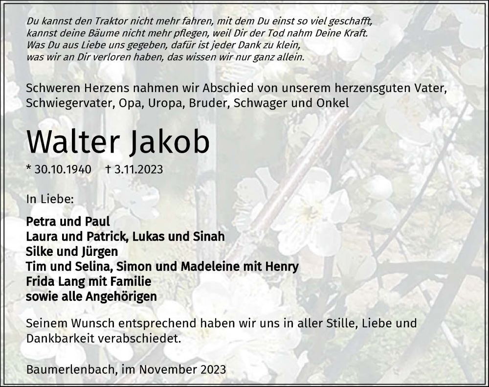  Traueranzeige für Walter Jakob vom 16.11.2023 aus GESAMT