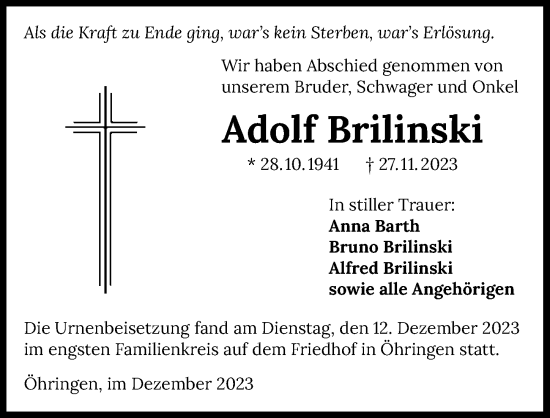 Traueranzeige von Adolf Brilinski von GESAMT