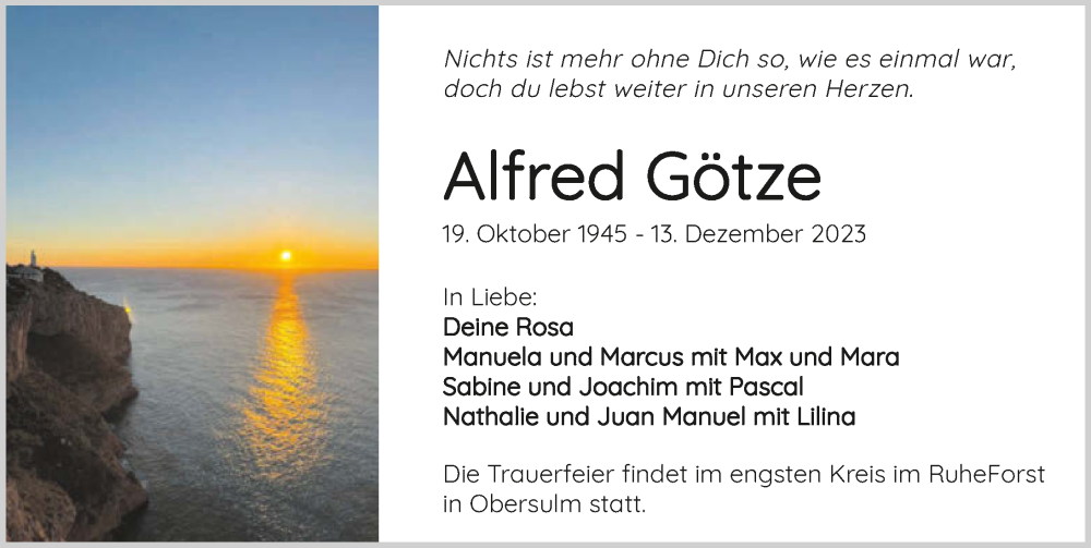  Traueranzeige für Alfred Götze vom 16.12.2023 aus GESAMT