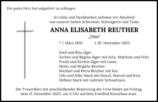 Traueranzeige von Anna Elisabeth Reuther von GESAMT