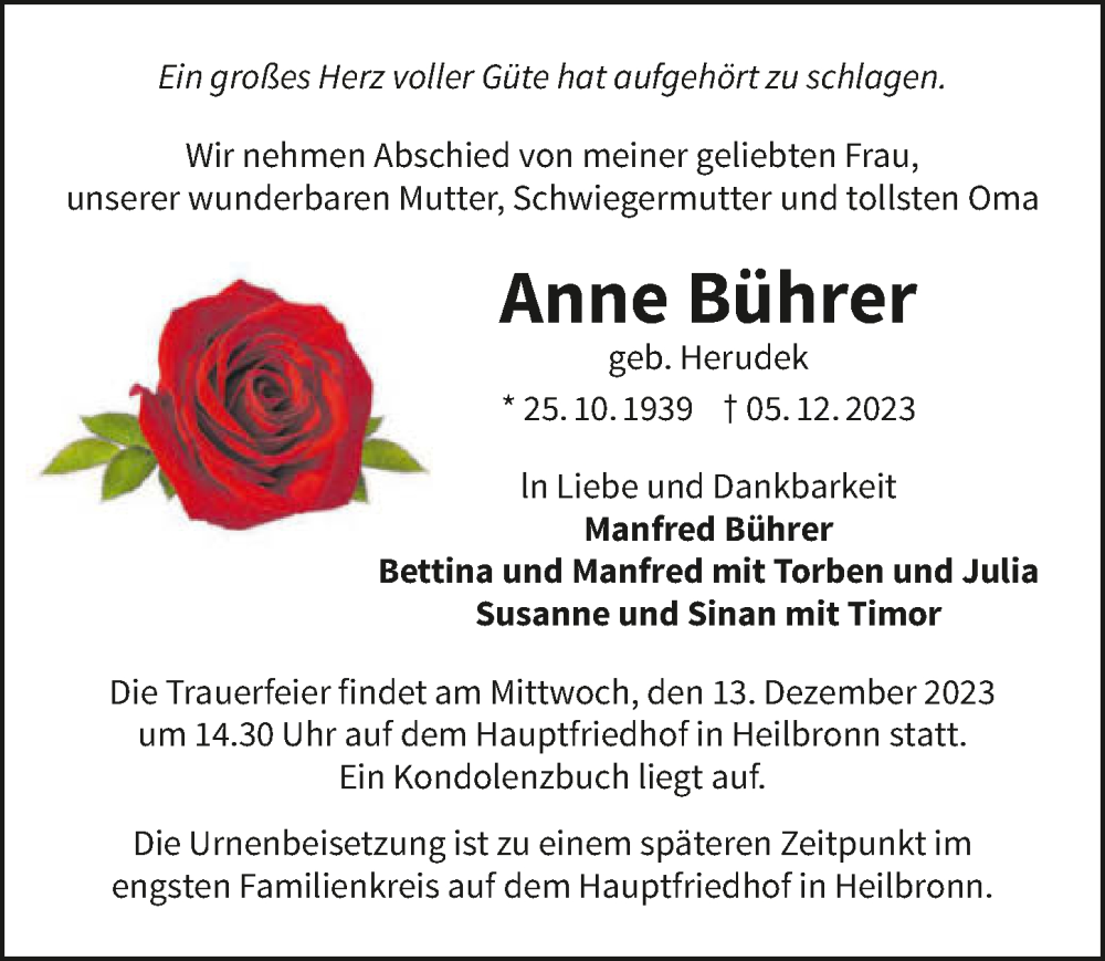  Traueranzeige für Anne Bührer vom 09.12.2023 aus GESAMT