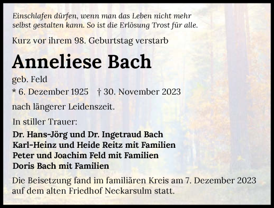 Traueranzeige von Anneliese Bach von GESAMT