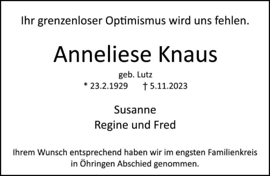 Traueranzeige von Anneliese Knaus von GESAMT