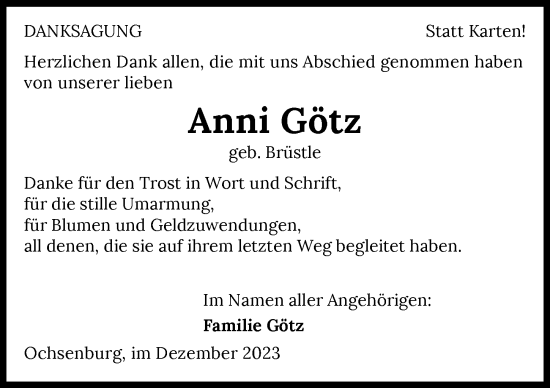 Traueranzeige von Anni Götz von GESAMT