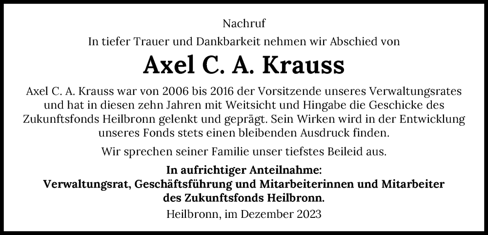  Traueranzeige für Axel Krauss vom 09.12.2023 aus GESAMT