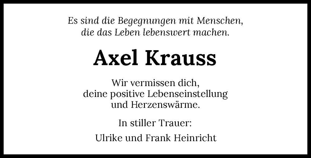  Traueranzeige für Axel Krauss vom 09.12.2023 aus GESAMT