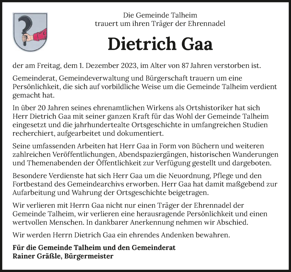  Traueranzeige für Dietrich Gaa vom 09.12.2023 aus GESAMT
