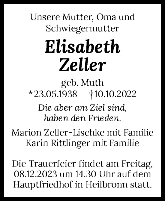 Traueranzeige von Elisabeth Zeller von GESAMT