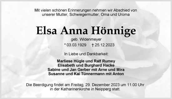 Traueranzeige von Elsa Anna Hönnige von GESAMT