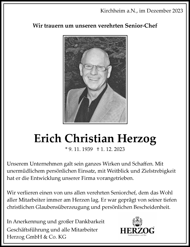  Traueranzeige für Erich Christian Herzog vom 05.12.2023 aus GESAMT